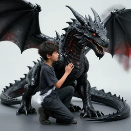 Boy petting black dragon, octane render, trending artsation, artwork, cinematic, hyperrealism, high detail, 8k, octane render