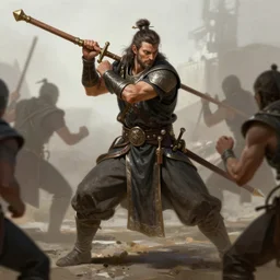 a master a wooden quarterstaff in a desperate posture ready to fight. cornered by enemies. intricate, elegant, highly detailed, digital painting, artstation, concept art, sharp focus, illustration, by justin gerard and artgerm, 8 k