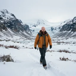 bald man trekking in alaska,