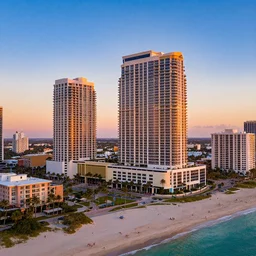 miami hotels, unreal engine, digital art, drone photography, sunset, sharp focus, beach, vivid color, clear sky