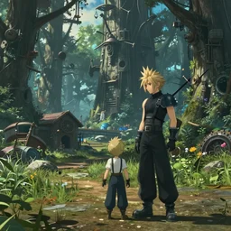 game trailer of a final fantasy 7 for playstation by studio ghibli, sharp, final fantasy seven trailer still, steampunk forest, landscape, cinematic lighting, ray tracing, unreal engine 5, photorealistic