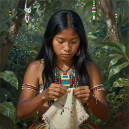 a beautiful painting of a young indigenous female crafting a fabric in the jungle, realistic face, ayahuasca, fantasy art style, matte painting, highly detailed