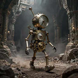 a clockwork homonculus wanders through the wastes of an ancient underground city, photorealistic, ultra detailed, eerie lighting, foggy, deep shadows