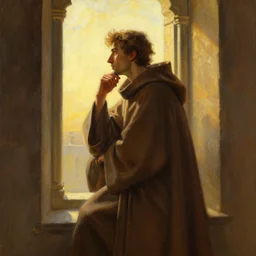 oil painting of a medieval dominican monk in robes, looking out of a monastery window contemplatively, digital art, artstation, cinematic, golden hour, digital art painting by greg rutkowski