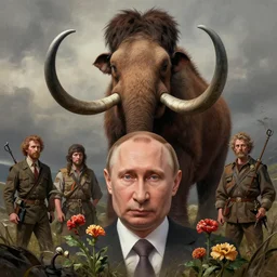 vladimir putin, unga bunga mammoth hunting, macabre, by donato giancola and greg rutkowski and wayne barlow and zdzisław beksinski, realistic face, digital art