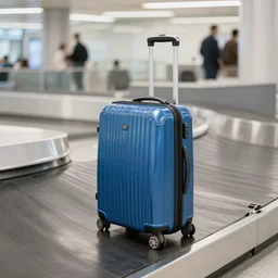 a blue suitcase on an airport conveyor belt