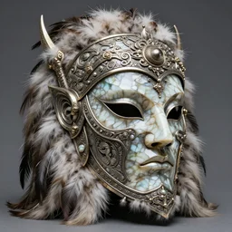 fantasy art ultra 4 k photo of a bizzare metal mother of pearl armor warrior mask made of ceramic fur and feather trim intricately spectacular magnificently carved by a master engraver by h. r. giger