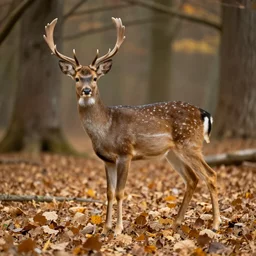 a little deer in the forest, fallen leaves in autumn, very coherent and colorful high contrast art by simon stalenhag james gilleard floralpunk screen printing woodblock, pastel color, hard lighting, gediminas pranckevicius