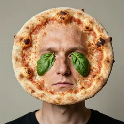 portrait of man with facial deformity making the head a flat and circular disc, looking like a neapolitan pizza, skin with baked crust appearance, large freckles like browned spots, cheeks look like green basil leaves, muted colors, soft lighting, sharp focus, neutral background, masterpiece, photo by jimmy nelson, giger, steve mccurry