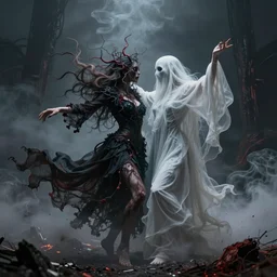 macabre dance between two ghosts in the mist between smoke and ashes / split complementary color scheme, hypermaximalist, sharp focus, highly detailed, dramatic light, lumen unreal 5, intrincate, trending on artstation / art by per bak jensen, roberto ferris, beksinsky, sachin teng and gustave dore