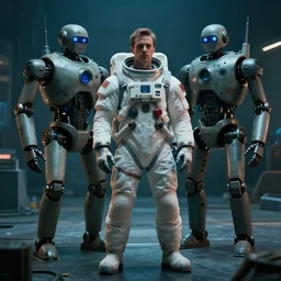 still from an atompunk movie of a man in a spacesuit standing next to a robot
