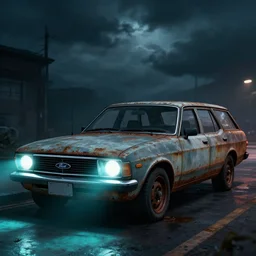 a rusted Ford Pinto wagon in the streets at night white cyan headlights on, by Khyzyl Saleem, night time, Cloudy weather, atmospheric, artstation, concept art, illustration, sharp focus, high detail, octane render, cyberpunk, intimidating