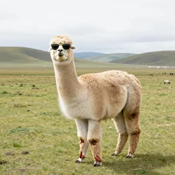 a realistic photograph of an alpaca with sausages as legs, wearing sunglasses, national geographic, wide angle, nature shot