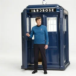 color photo of mr spock blue uniform exiting the tardis