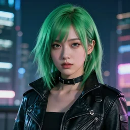 young Asian Cyberpunk woman with green hair, Close up portrait, wearing a leather jacket, hyperdetailed, artstation, cgsociety, 8k, nighttime, city background