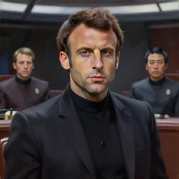 painting of Emmanuel Macron dressed as Arcann in Star Wars inside the galactic senate, sharp focus, waist up, trending on ArtStation, masterpiece, by Greg Rutkowski, by Ross Tran, by Fenghua Zhong, octane, clear eyes, soft render, clear facial features, oil on canvas, moody lighting, cinematic, professional environment concept art