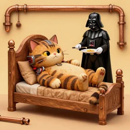 cat character laying on bed, wood carved bed, darth vader as cat waiter, cute cat, cyber punk cat, big cat, super powers, concept art, by greg rutkowski, old copper pipes, complementing colors