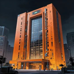 studio gainax art, orange government building in a city, modern glass architecture, cyberpunk, intricate electronics, moody lighting