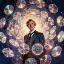 swarm of colorful glowing iridescent discs surrounding an english man, by greg rutkowski