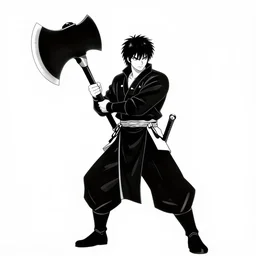 A warrior holding a giant axe, black and white, by Kentaro Miura