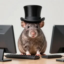 portrait of a rat in a top hat behind a computer by russ mills