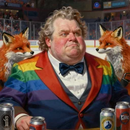 hyper realistic portrait of a hugely fat ugly don cherry, don cherry old degenerate watching fox hockey fights, gay pride suit, surrounded by beer cans, portrait dnd, painting by gaston bussiere, craig mullins, greg rutkowski, yoji shinkawa