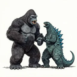 A drawing of Godzilla fighting King Kong illustrated in the style of Shell Silverstein