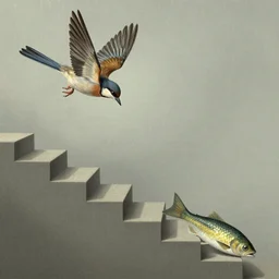 A bird is transforming into a fish step by step, detail, by MC escher