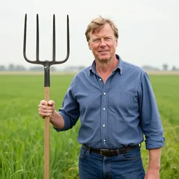 Mark Rutte as farmer holding a pitchfork