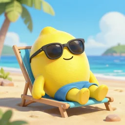 a humonid lemon cartoon character is wearing a sunglass, is relaxing on a beach,, inspired by dalle 2 generations.