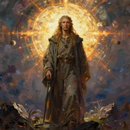 frontal portrait painting in the style of artstation of a druid standing alone at the beginning of time by greg rutkowski and alan lee and brian froud