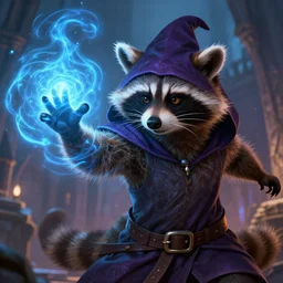 closeup, highly detailed digital illustration portrait of hooded sorcerer sly cooper raccoon casting a magical energy sparkling blue glowing spell in an ancient castle, action pose, d & d, magic the gathering, by rhads, frank frazetta, lois van baarle, jean - baptiste monge, disney, pixar,