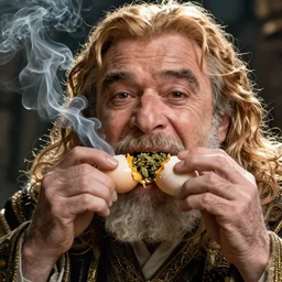 hyper realistic, lord of the rings, close up portrait of a mega derpy danny devito eating raw eggs dream, smoking massive amounts of weed, by greg rutkowski, scott m fischer, artgerm, loish, slight glow, atmospheric, anne stokes, alexandros pyromallis