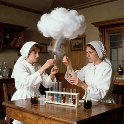 realistic photo two medieval female scientists wearing white cotton doing an experiment with a cloud and rainbow, living room interior is made of wood 1 9 9 0, life magazine reportage photo