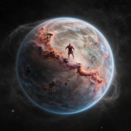 dr Manhattan creates a planet from the nebula, selective color effect, cinematic, wide angle cinematography