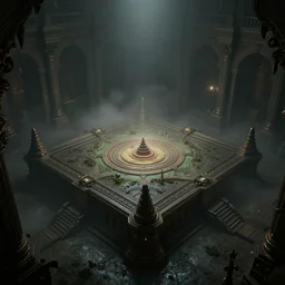 magical mystical ancient square hall, gloomy and foggy atmosphere, octane render, rembrandt, cgsociety, artstation trending, horror scene, highly detailded