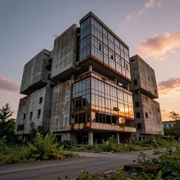 brutalist architecture by Le Corbusier, abandoned buildings, empty streetscapes, surrounded by lush green vegetation, ground-level view, stunning volumetric lighting, sunset, rusted steel, solid concrete, glass, stunning skies, trending on Artstation, 8k, photorealistic, hyper detailed, unreal engine 5, IMAX quality, cinematic, epic lighting, in the style of DOOM and Greg Rutkowski