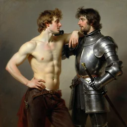 arthur pendragon shirtless flirting wit his knight. the knight is also flirting back. both of them are wearing pants, highly detailed painting by gaston bussiere, craig mullins, j. c. leyendecker