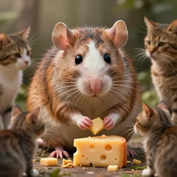 photo, emma watson as anthropomorphic furry - rat, she is a real huge fat rat, cats! are around, eating cheese, highly detailed, intricate details