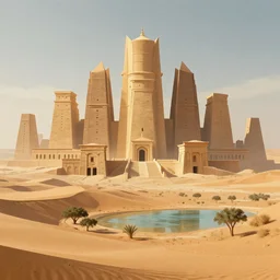 dune city and temples of arrakis, arrakeen, but with trees and water, arab ar architectural and brutalism and gigantism, from frank herbert novels, composition idea concept art for movies, style of denis villeneuve and greg fraiser