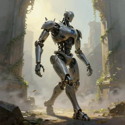 a walking mechanical ancient city with legs, vines, pilar, hyperrealistic, highly detailed, cinematic, single ray of sun, fog, beautiful, cgssociety, artstation, 8 k, oil painting