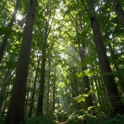 Beautiful magical forest fabulous trees. Forest landscape, sun rays illuminate the leaves and branches of trees. Magical summer forest, trending on artstation, 50mm, by Noah Bradley