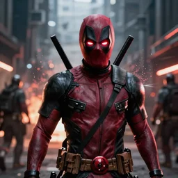 deadpool black in gears of war, red neon eyes, splash art, warzone, dystopian, movie still, cinematic lighting, dramatic, octane render, long lens shallow depth of field, bokeh, anamorphic lens flare, 8 k, hyper detailed, 3 5 mm film grain