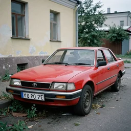an abandoned red toyota levin ae 9 0 stays on saint - petersburg, film photo
