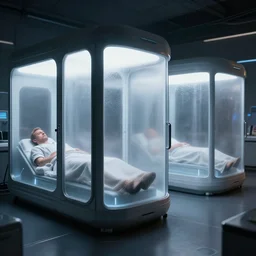 epic professional digital art of dim room with upright futuristic slim cryogenic chambers with frosted windows and outline of sleeping patients inside, hamish frater, jim burns, wayne barlowe, unreal engine 6 maya render, octane, hd, 4 k