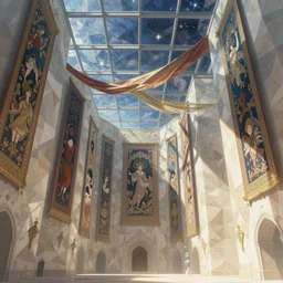 polygonal fortress with giant walls and glass ceilings showing the stars and hanging silk drapery and tapestries, light dust, magnificent, close up, details, sharp focus, elegant, highly detailed, illustration, by Jordan Grimmer and greg rutkowski and PiNe(パイネ) and 薯子Imoko and 香川悠作 and wlop and maya takamura, intricate, beautiful, Trending artstation, pixiv, digital Art