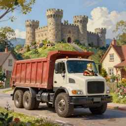 classic oil painting, a dump truck at king arthurs castle, as a dnd character, on a sunny populated suburban street, cottagecore, highly detailed, digital illustration, concept art, smooth, sharp focus, art by greg hildebrandt, and tim hildebrandt