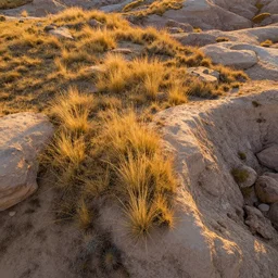 aerial overhead close up shot of badlands ground in a vector art screen print style with tuft grass and rocks in golden hour lighting