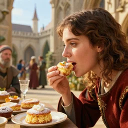 closeup profile portrait of a medieval cooks eating cakes, nicoletta ceccoli, mark ryden, lostfish, max fleischer, depth of field, detailed and intricate environment, golden hour, 8 k resolution, hyperrealistic, octane render, vivid colors, bright, cheerful, detailed and intricate gothic environment