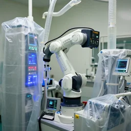 a close up of a small boxy kuka robotic arm surrounded by machines covered with large translucent synthetic garments, dental care room, hospital, blinking leds, tiny monitors displaying code, small computer keyboards, big plastic pipes pumping liquids all around, color photo, various levels of details, 5 0 mm sigma lens, high aperture